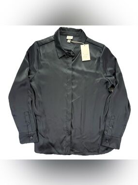 A New Day Silk Long Sleeve Button Up Shirt Blouse NEW NWT Women's Medium Black